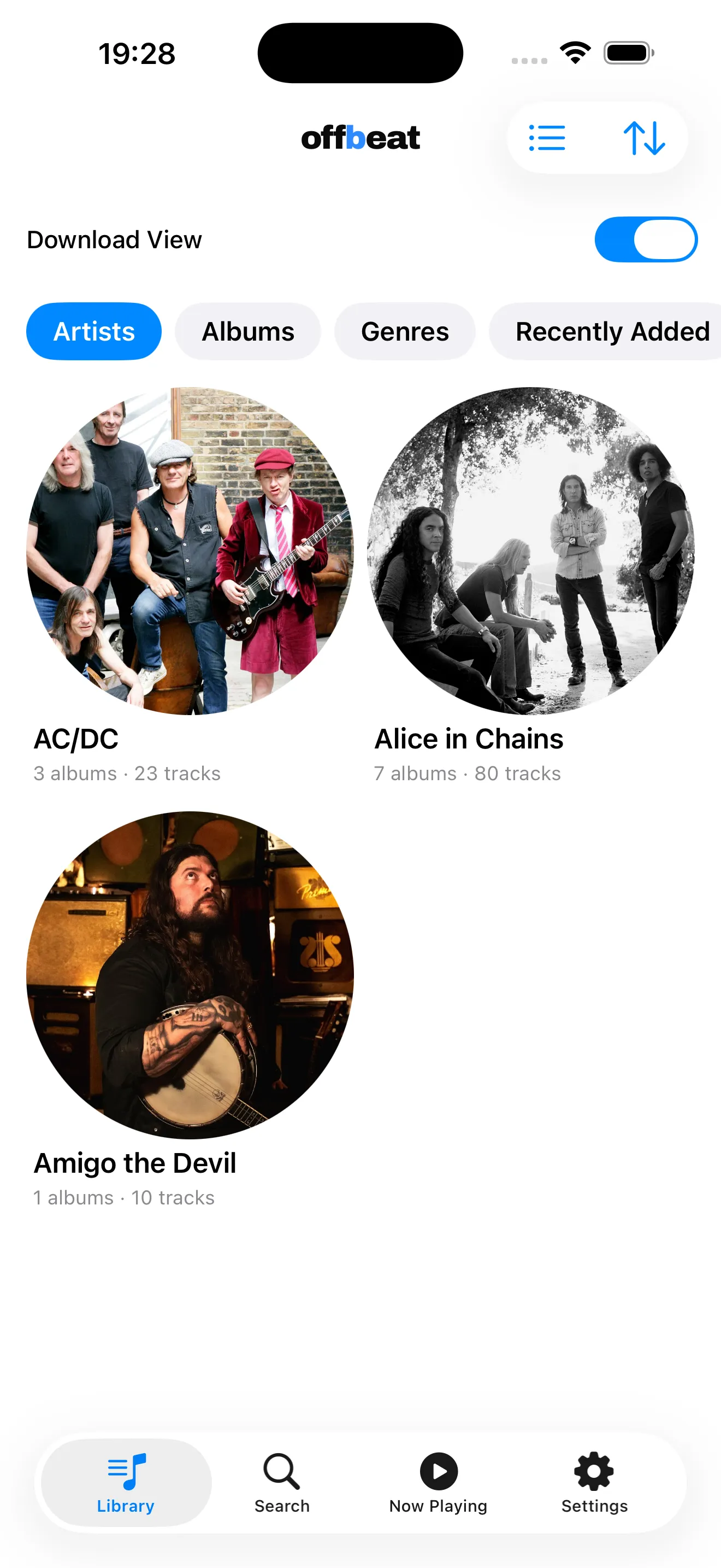 Offbeat's artists screen with Download View on, showing only downloaded artists