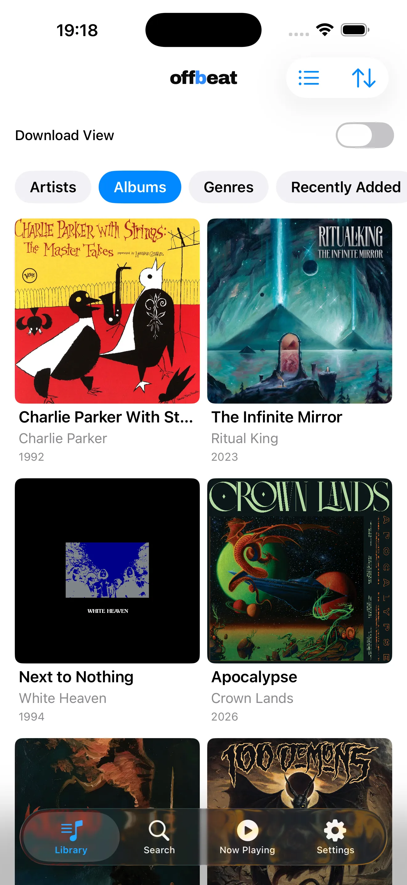 Offbeat's library screen showing a grid of album covers
