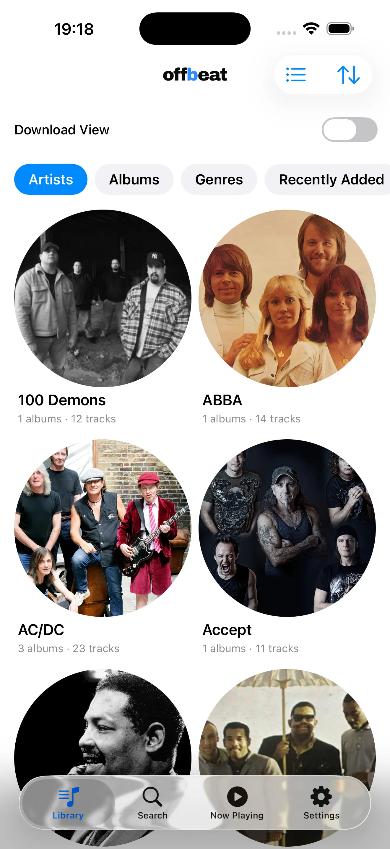 Offbeat's artists screen with Download View off, showing every artist in the library
